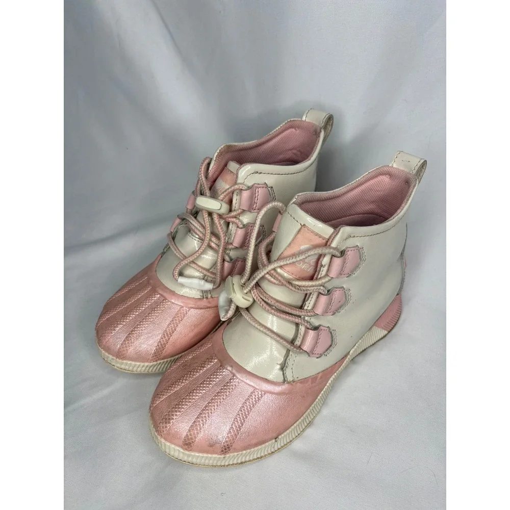 Sorel Out N About Kid 4 Waterproof Duck Boots Cream Metallic Pink Leather Rubber